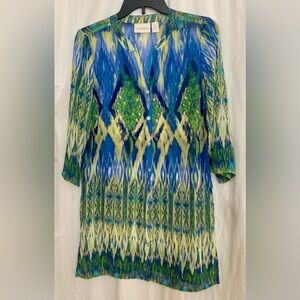 Chicos Blue & Green Patterned Sheer Button Front Tunic Size O = US 4/6